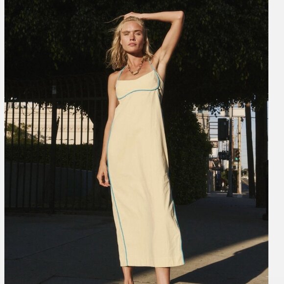 Free people Summer In Capri Midi Yellow Dress Blue Trim L Large long halter - Picture 2 of 10